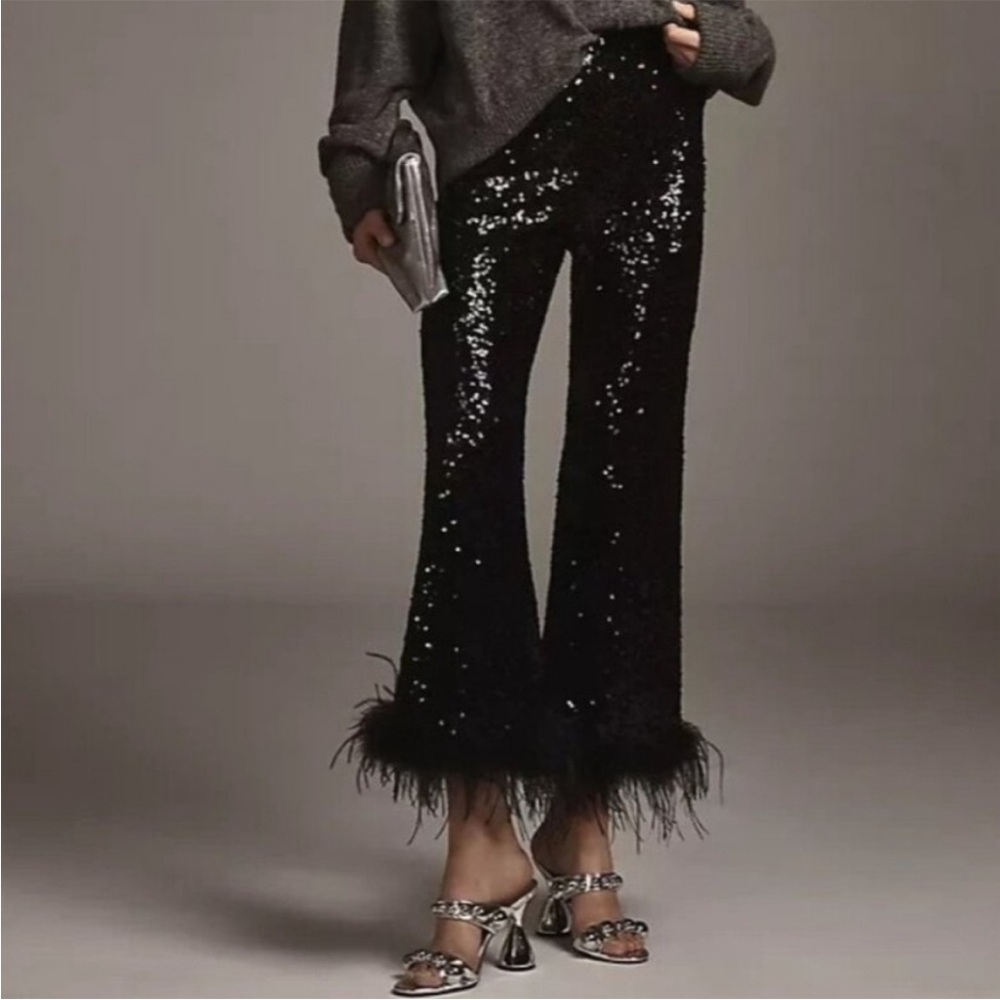 Anthropologie Black Sequin Flare Pants with Feather Hem